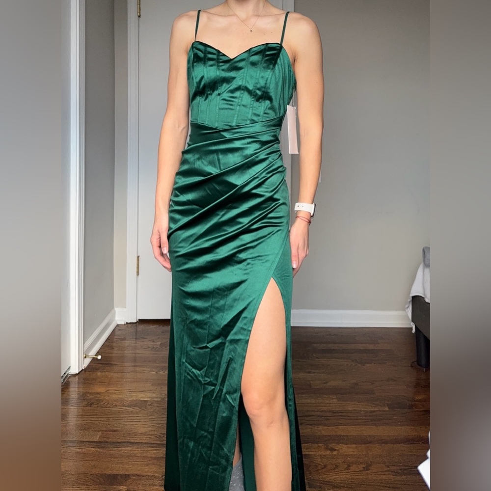 Emerald Green Satin Corset Maxi Dress with Side Slit – XS - Picture 4 of 13